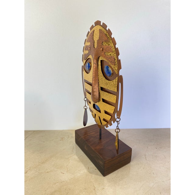 Vintage Christian Luis Gómez Chile Brass & Copper Mask Sculpture, Lapis Lazuli For Sale - Image 4 of 11