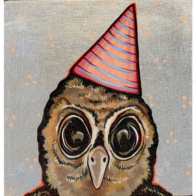 What's Cuter? Nothing by Kaitlin Ziesmer | Acrylic on silver leafed panel Owl wearing a party hat For Sale