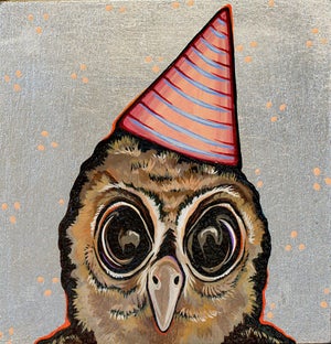 What's Cuter? Nothing by Kaitlin Ziesmer | Acrylic on silver leafed panel Owl wearing a party hat