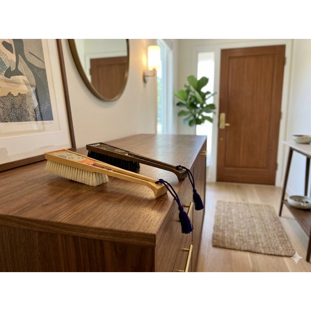 Tan Pair Oriental Fabric Wood Handle Cloth Brushes Display Decor Art For Sale - Image 8 of 9