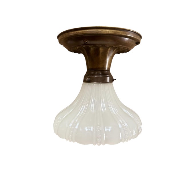 American 1920s Sheffield Pattern With Beading Clambroth Shade on Original Fluted Brass Holder For Sale - Image 3 of 4