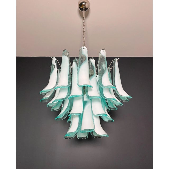 Metal Italian Murano Style Chandelier, 36 Lattimo Turquoise Glass Petals, Mazzega Style For Sale - Image 7 of 12