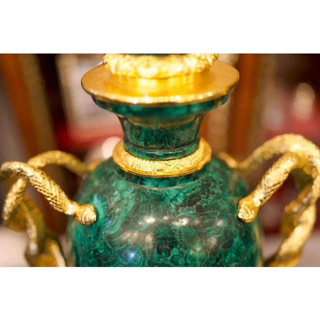 Traditional Large Ormolu Mounted Malachite Empire Style Vases, Set of 2 For Sale - Image 3 of 10