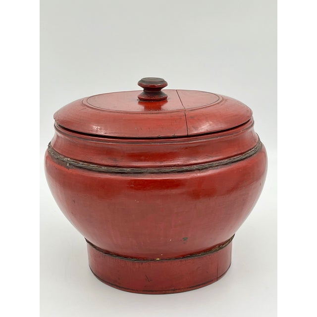 Antique Chinese Red Lacquered Round Wood Box Rice Bucket With Lid For Sale - Image 11 of 11