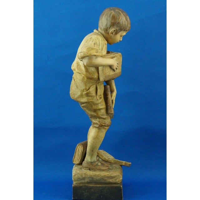 19th Century Terracotta Sculpture Child with Books by Otto Petri for Goldscheider, Austria, 1800s For Sale - Image 5 of 18