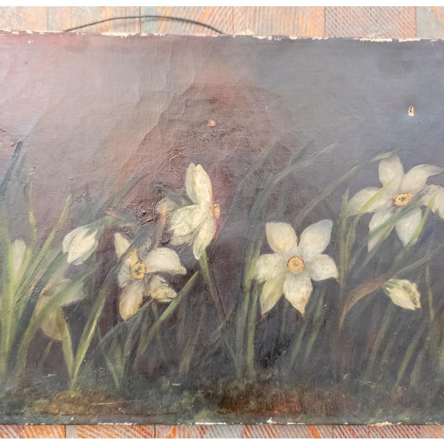 Farmhouse 19th Century Country Primitive Rustic Naive Oil Painting of Narcissus or Daffodil Flowers For Sale - Image 3 of 8