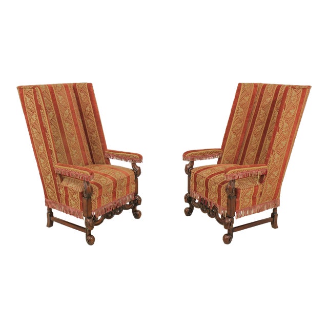 Pair Baroque Style Carved Mahogany Upholstered Throne Chairs For Sale