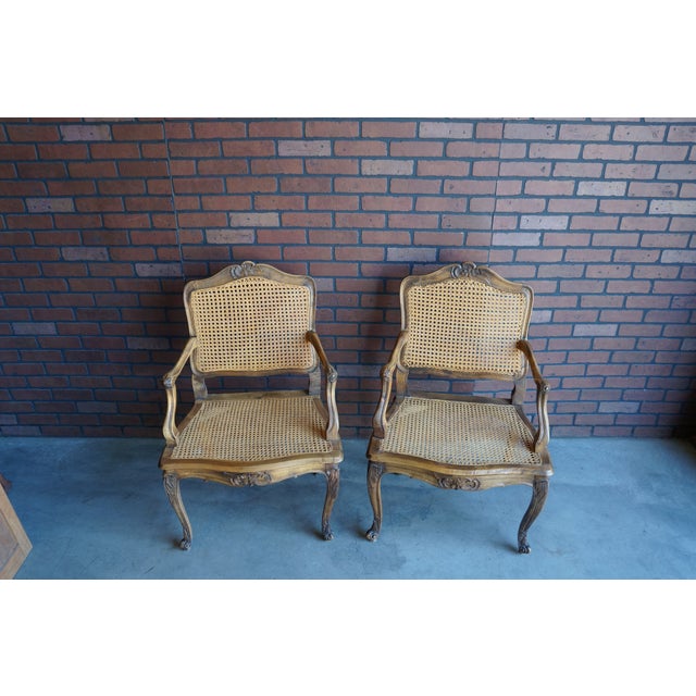 Antique Carved French Walnut Cane Arm Chairs ~ a Pair For Sale - Image 12 of 12
