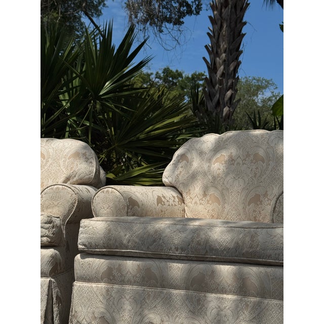 Pair of Vintage Ethan Allen White Damask Upholstered Accent Chairs For Sale In Tampa - Image 6 of 8