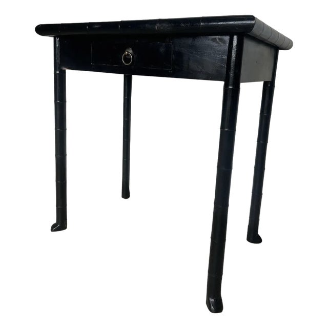 19th Century French Faux Bamboo Black Side Table With Drawer and Flared Feet. For Sale