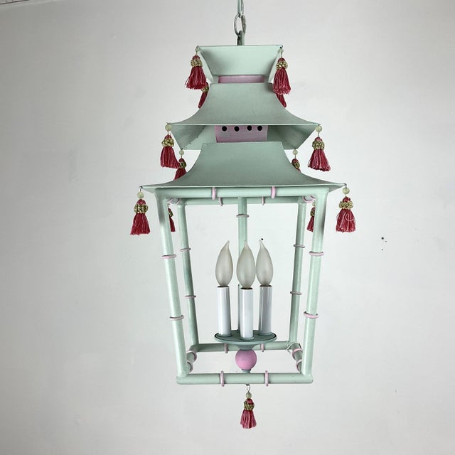 Chinoiserie 1960s Painted Metal Pagoda Lantern With Silk Tassels For Sale - Image 3 of 8