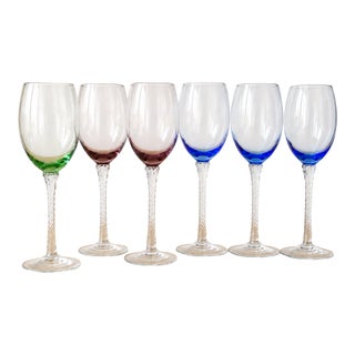 Vintage Multicolor Twisted-Stem Wine Glasses — Set of 6 For Sale