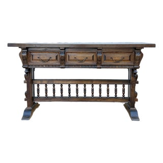 Mid 20th Century Valenti Spanish Carved Wood Console Table With Drawers and Turned Spindles For Sale
