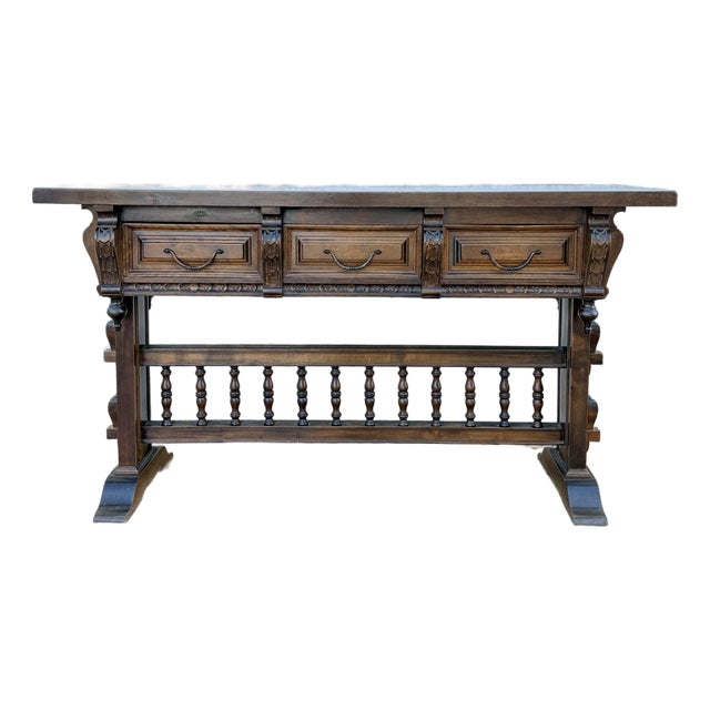 Mid 20th Century Valenti Spanish Carved Wood Console Table With Drawers and Turned Spindles For Sale