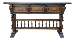 Mid 20th Century Valenti Spanish Carved Wood Console Table With Drawers and Turned Spindles