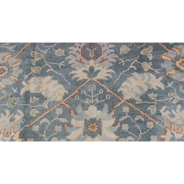Turkish Oushak Rug With Floral Design in Light Steel Blue and Coral Accent For Sale - Image 9 of 12