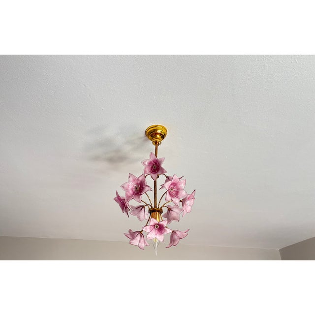Vintage Italian Murano Style Hand-Painted Pink Floral Pendant Light, Romantic Glass Blossom Chandelier, Dramatic Ceiling Shadow Display For Sale - Image 16 of 17
