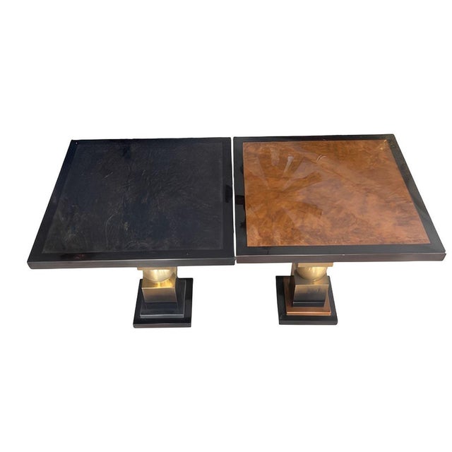Pair of Italian Modern Two-Tone Parchment, Resin & Metal Side Tables. 1980's. For Sale - Image 4 of 8