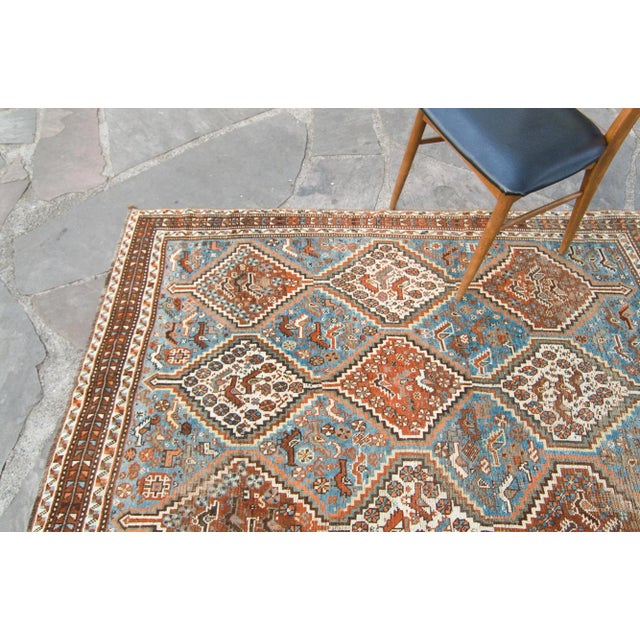 1910s 1910s Antique Geometric and Figural Brown Blue Wool Hand-Knotted Rug For Sale - Image 5 of 10