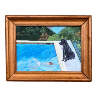 Contemporary Hockney Inspired Black Lab Dog Print by Judy Henn Framed For Sale