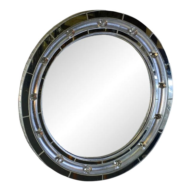 Exceptional Art Deco Round Silverleaf Convex Mirror With Mirrored and Glass Ball Frame For Sale
