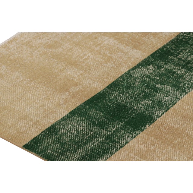 Traditional Vintage Zeki Müren Rug, Beige With Green Striped Minimalist Design - Rug & Kilim For Sale - Image 3 of 8