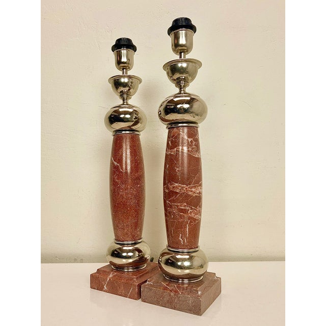 Red Marble and Chromed Steel Column Table Lamps, 1970s, Set of 2 For Sale - Image 4 of 13