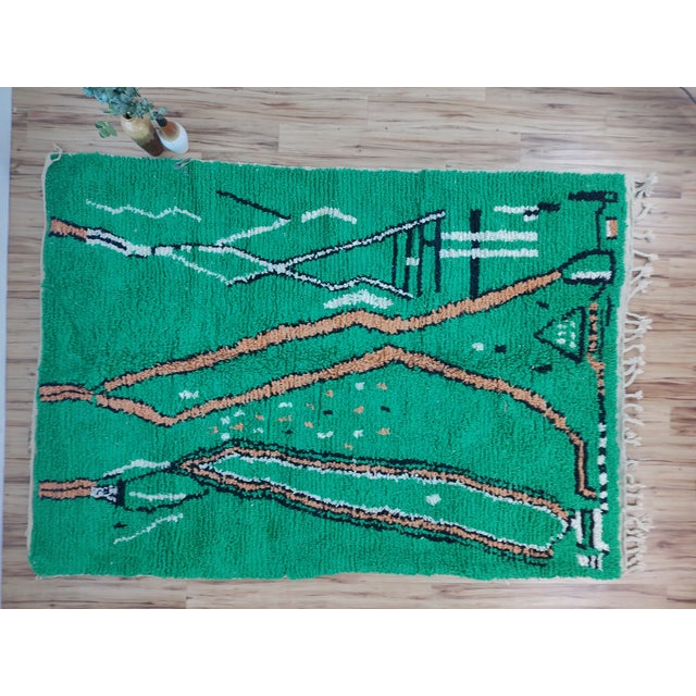 Textile Handmade Moroccan Beni Ourain Rug, Emerald Green Abstract, 9'7" X 6'9" For Sale - Image 7 of 15