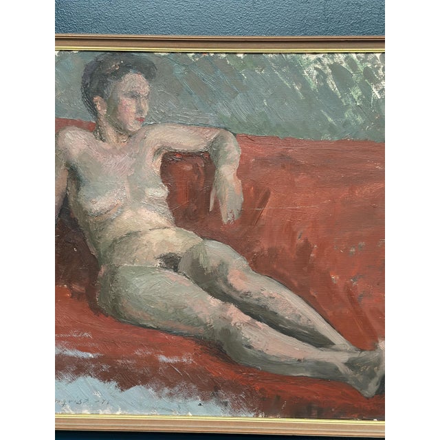 Vilhelm Blomquist, Reclining Lady on Red Couch, 1960s, Oil on Panel, Framed For Sale - Image 14 of 18