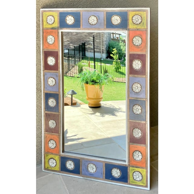 Late 20th-Century Vibrant Folk Art-Style Carved Wood Statement Mirror - Hangs Vertically or Horizontally For Sale In Austin - Image 6 of 12
