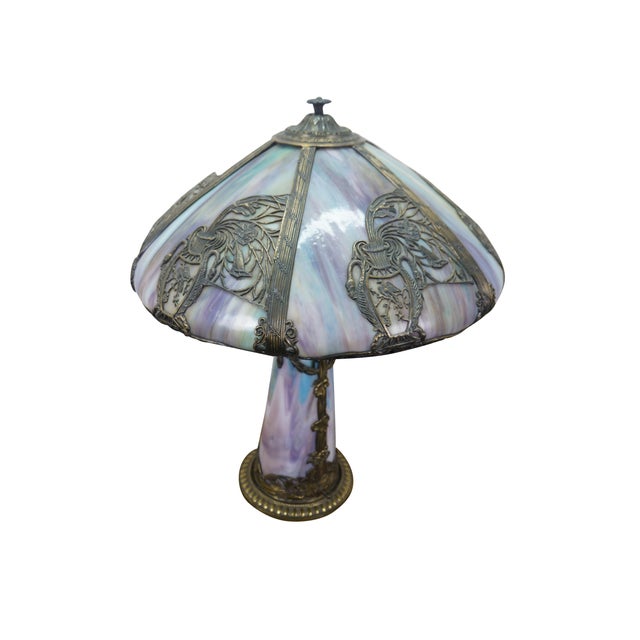 Victorian Antique Victorian Aesthetic Arts Nouveau Stained Slag Glass Parlor Lamp 25" For Sale - Image 3 of 17