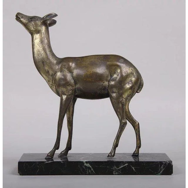 1920s Art Deco Bronze with Marble Base Deer Statue For Sale - Image 4 of 8
