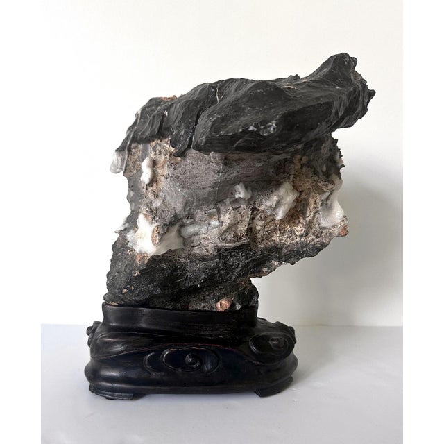 Gray 19th Century Chinese Black Lingbi Scholar Stone with White Crystal on Display Stand For Sale - Image 8 of 12