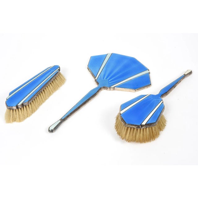 Early 20th Century English Art Deco Sterling Silver Blue White Guilloche Enamel Brush Dresser Set - 3 Pieces For Sale - Image 13 of 13
