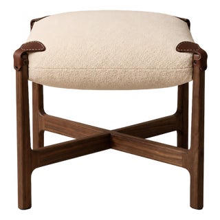 Handmade Black Walnut Footstool — Foot Rest Ottoman With Bouclé Cushion & Leather Straps For Sale