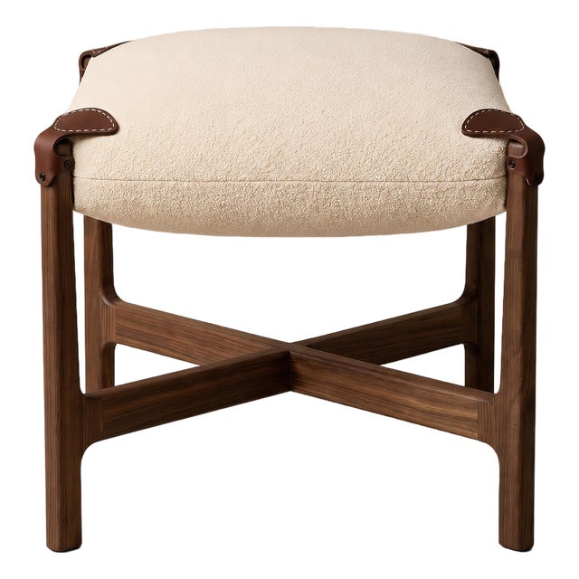 Handmade Black Walnut Footstool — Foot Rest Ottoman With Bouclé Cushion & Leather Straps For Sale