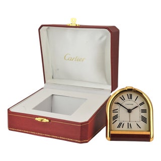 18CT Gold Plated Cased Romane Pendulette Quartz Alarm Clock by Cartier, Paris, 1980s For Sale