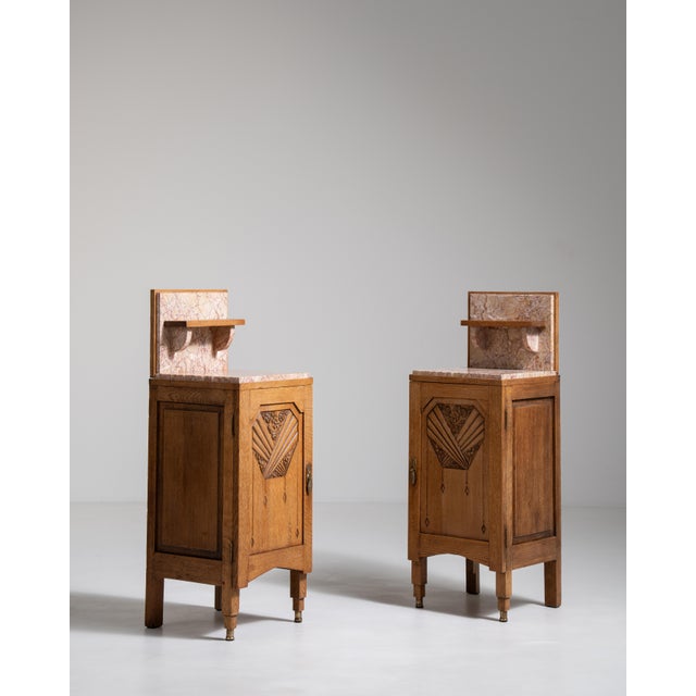 1910s Pair Of Art Noveau Side Tables With Marble Tops And Carved Panels For Sale - Image 16 of 17