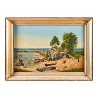 Late 19th Century Folky Oil on Canvas of a Coastal Landscape With Fishermen For Sale