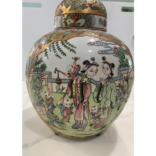 Chinoiserie Mid 20th Century Large Chinese Porcelain Gold Glazed Ginger Jar With Children, Yongzheng Mark For Sale - Image 3 of 11