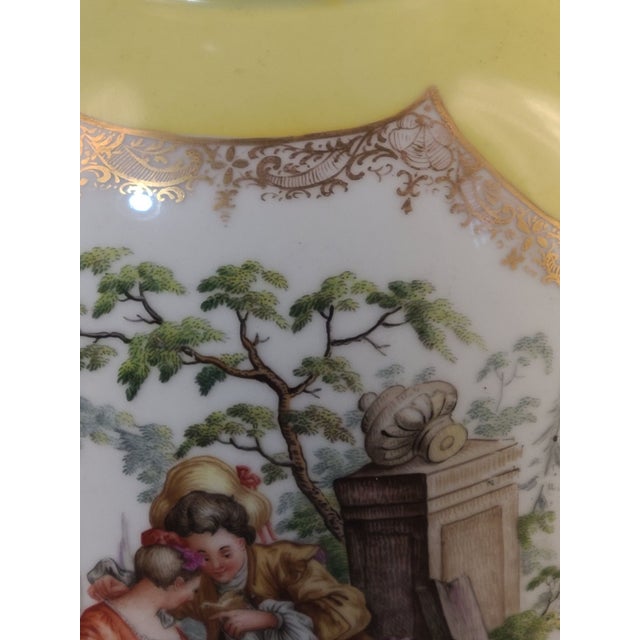 Dresden Porcelain Antique Dresden Yellow Vase Table Lamp Painted Figural Classical Romantic Garden Scene For Sale - Image 4 of 11