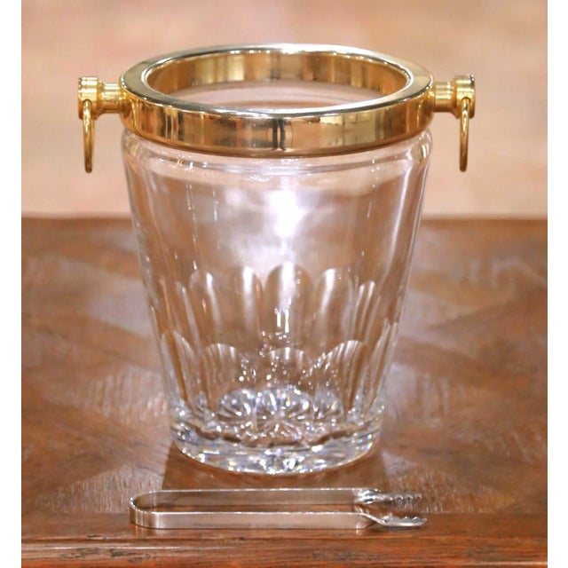 Mid 20th Century Mid-Century French Cut Glass Champagne Bucket With Brass Ring Handles With Tongs For Sale - Image 5 of 8