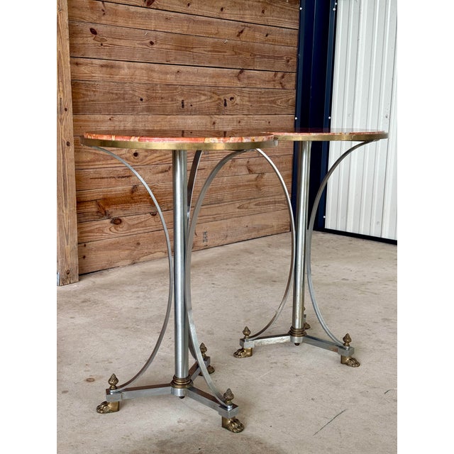 Pair of Sculptural Neoclassical Marble-Top Pedestal Tables With Brass Paw Feet For Sale - Image 12 of 12