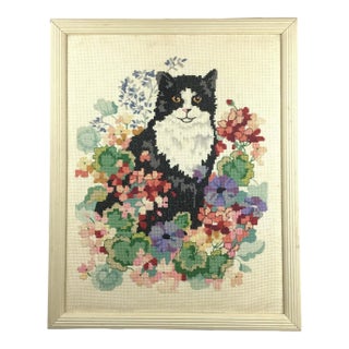 Vintage Needlepoint Black & White Cat Wall Art For Sale