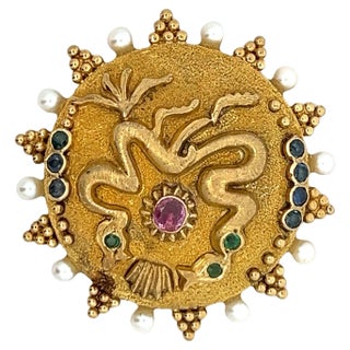 Signed Ilias Lalaounis 18k Gold Gemstone and Pearl Brooch, Greece, 1970s For Sale