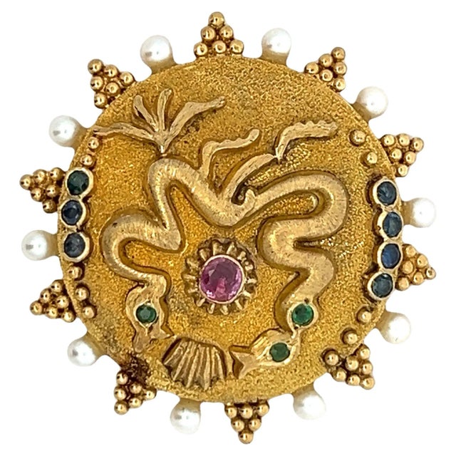 Signed Ilias Lalaounis 18k Gold Gemstone and Pearl Brooch, Greece, 1970s For Sale