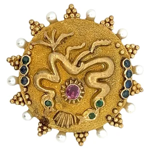 Signed Ilias Lalaounis 18k Gold Gemstone and Pearl Brooch, Greece, 1970s