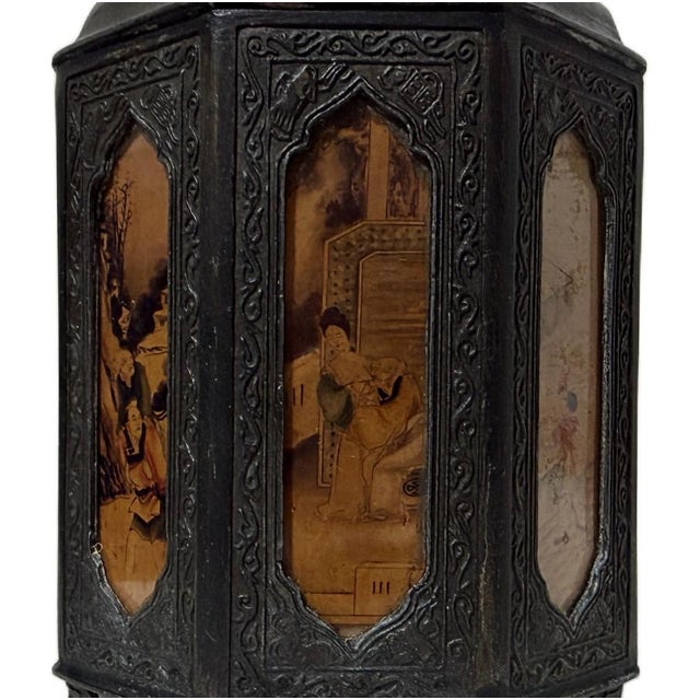 Early 20th Century Late 19th Century Chinese Shantou Pewter Octagonal Tea Caddy With Reverse Painted Glass Panels For Sale - Image 5 of 10
