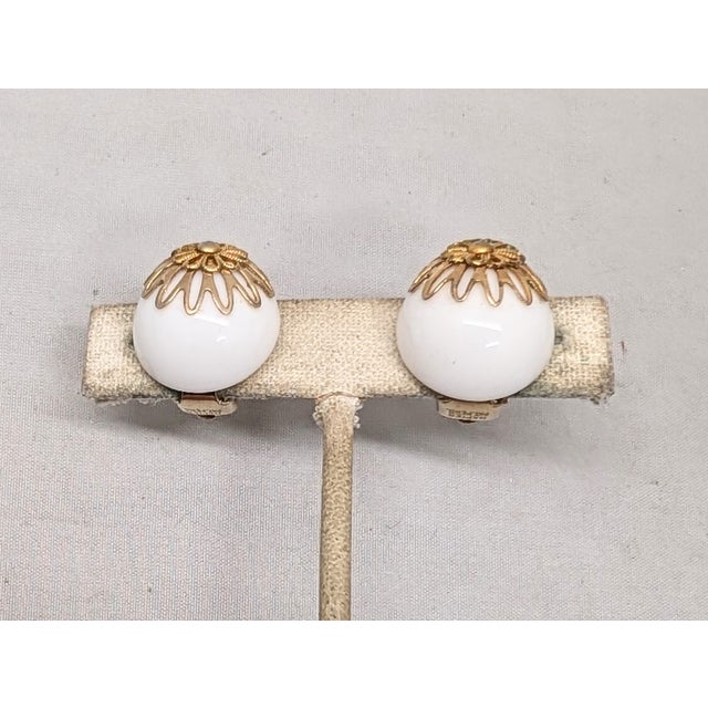 Napier Vintage 1950s Signed Napier Goldtone Filigree Round Domed White Resin Clip Earrings-2 Pieces For Sale - Image 4 of 7