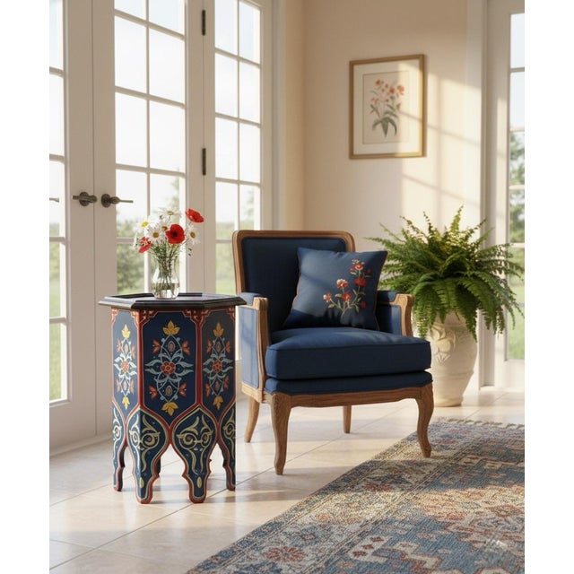 Hand-Painted Moroccan Octagonal Side Table - Cobalt & Crimson For Sale - Image 9 of 9